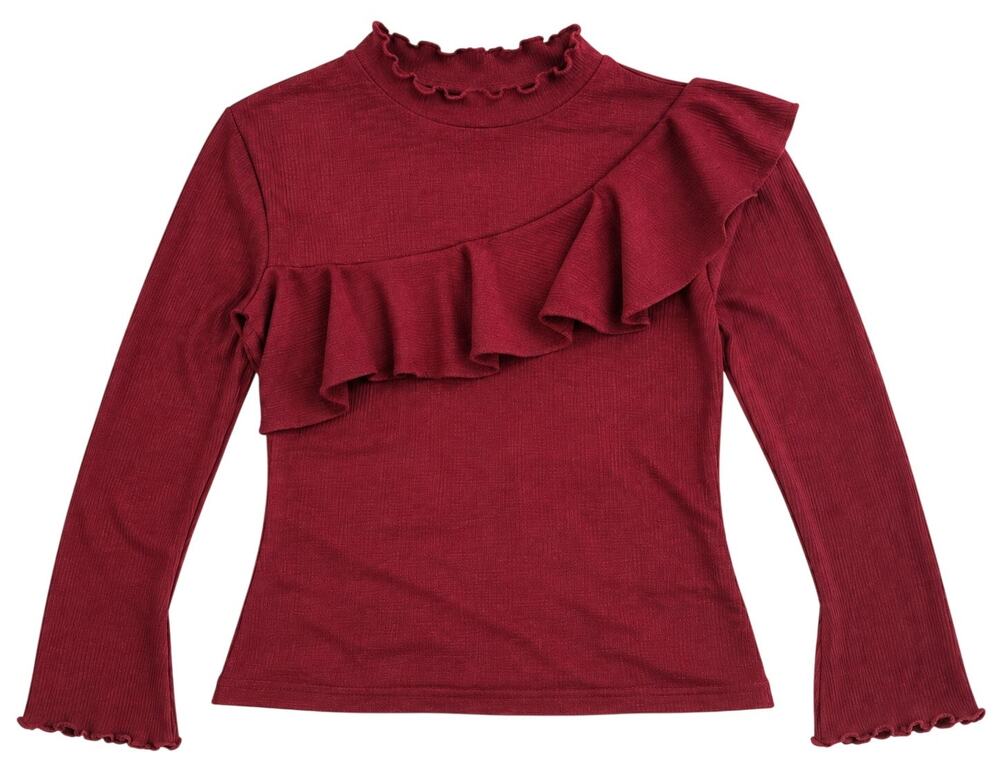Women’s Burgundy Long Sleeve Ruffle Top Ribbed Lettuce Edge Statement Blouse